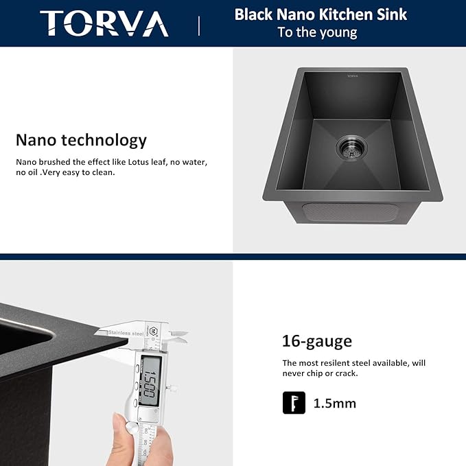 TORVA Bar Sink,TORVA 14 x 18 Inch Undermount Kitchen Sink,Gloss Black PVD Coated Gunmetal Sink,16 Gauge 304 Stainless Steel Single Bowl Wet Bar or Prep Sink with Zero-Radius Corners,Dark Gray