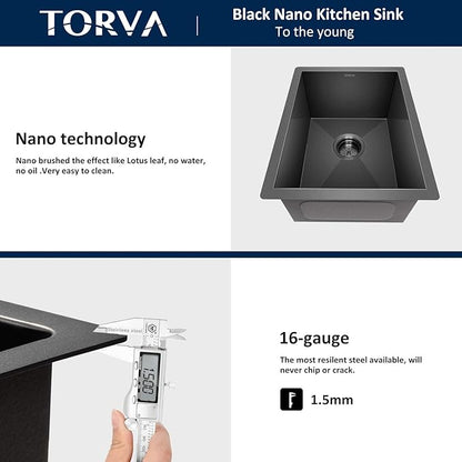 TORVA 17-Inch Gloss Black Ceramic Coating with NanoTek Undermount Kitchen Sink, PVD Coated Gunmetal Sink,16 Gauge Stainless Steel Single Bowl - 17 x 19 x 9 Inch Deep Bar/Prep Basin, Dark Gray