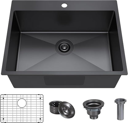25x22 Inch Black Drop In Kitchen Sink, 25 Inch Gunmetal Black Kitchen Sink Top Mount 18 Gauge Stainless Steel Single Bowl Deep KitchenSink With Grid Handmade KitchenSink Drop In