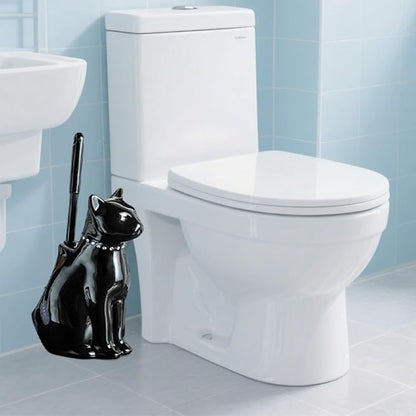 Comeon Ceramic Cat White/Black Toilet Brush and Holder Set, Plastic Handled - Image 2