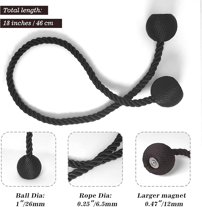 Hion Magnetic Curtain Tiebacks 4 Pack, Nickel-plated Metal and Polyester - Image 2