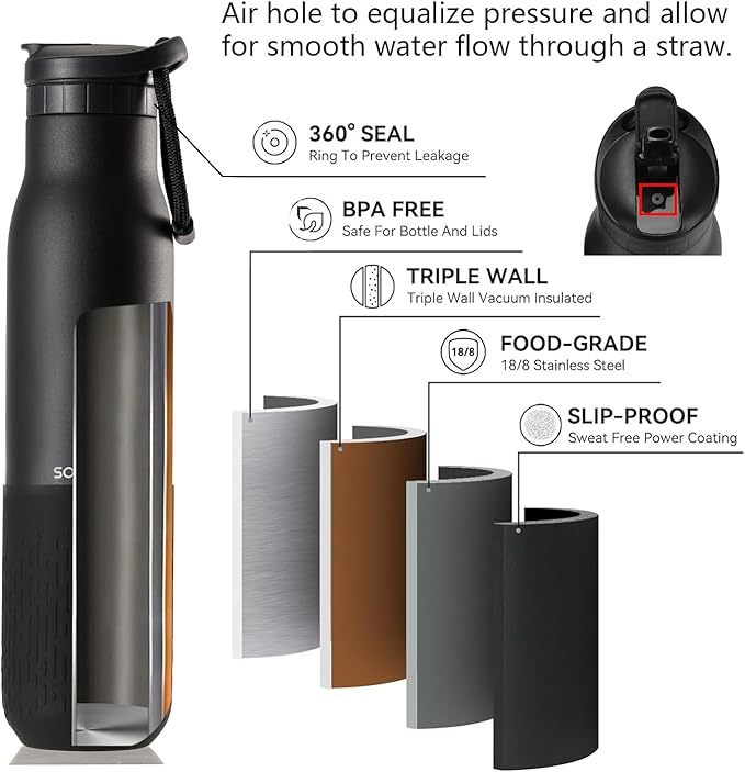 Insulated Stainless Steel Water Bottles with Straw, Wall Vacuum Insulated Water Bottle with Straw for Gym Traveling Camping Hiking Outdoor Activity(2 Cleaning Brushes+1 Carabiner, 26 oz Black)