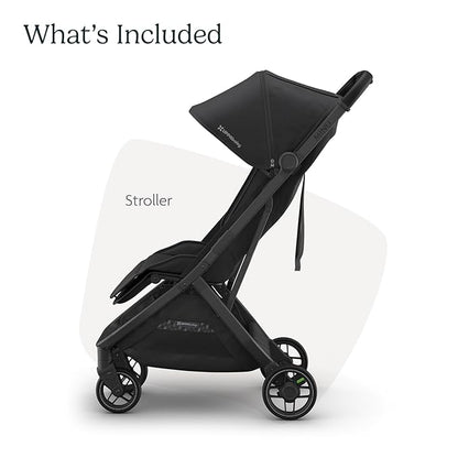 UPPAbaby Minu V3 Travel Stroller | Lightweight + Compact Design | One-Hand Fold + Unfold | from Birth + Overhead Compatible | Jake (Charcoal/Carbon Frame/Black Leather)