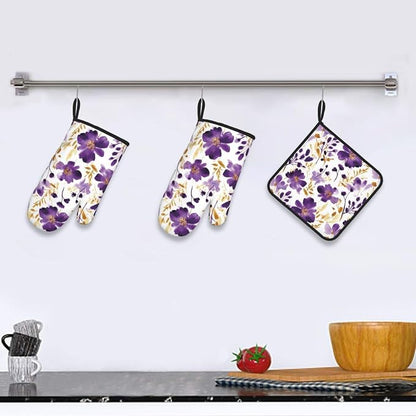 Spring Purple and Gold Floral Oven Mitts and Pot Holders Sets of 3, Non-Slip - Image 2