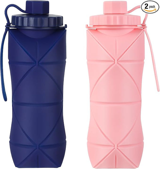 Silicone Collapsible Water Bottles,Lightweight Reusable Leakproof For Traveling Camping Hiking Cycling Sports Outdoor,Foldable Portable Travel Water Bottle 600ML Dark Blue And Pink 2Pack.