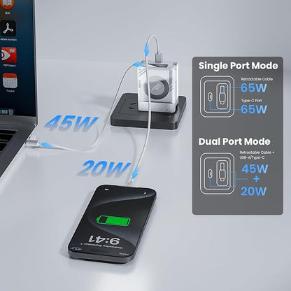 Nillkin FlexLine 65W for Retractable Wall Charger(GaN6), Dual-Port with 28.7in Retractable USB C Cable + 39.3in USB C Cable(Extra), iPhone Charger, MacBook, iPad, Samsung, Fast Charger - White
