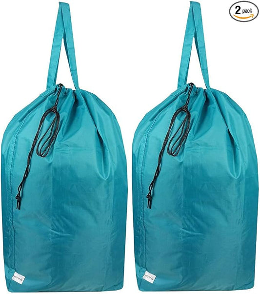 Tear Proof Nylon Laundry Bag with Handles (2 Pack),Travel Laundry Bag with Drawstring Closure,Dirty Clothes Bag Fit Most Laundry Hamper or Basket,27.5x34.5 in,Blue Aqua