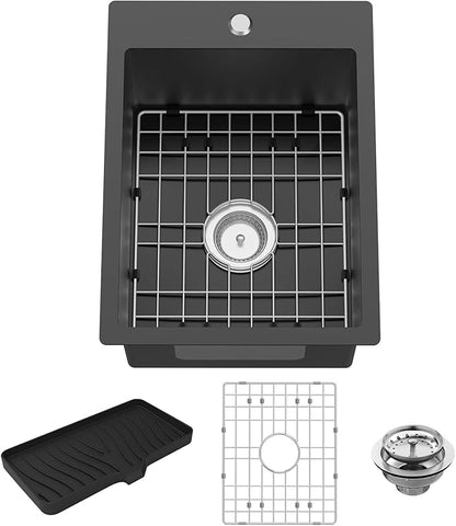 Small Black Kitchen Sink,15x20 Inch Stainless Steel Drop In Toprmount Kitchen&Bar Sink Ideal Choice For Small Space, Prep Area, RV With Bottom Grid,Soap Mat And Drain Assembly
