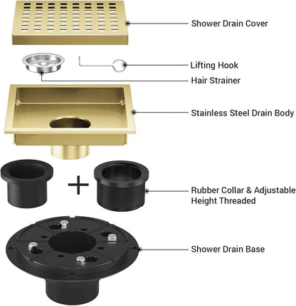 Shower Drain Brushed Gold 6 Inch, Square Floor Drain, Stainless Steel Drain Kit - Image 2