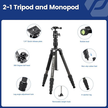 Fotopro 59" Carbon Fiber Travel Tripod, Lightweight Compact Camera Tripod with Ball Head Quick Release Plate, Compact Detachable Monopod with Carry Bag, Load up to 8KG/17.63lbs