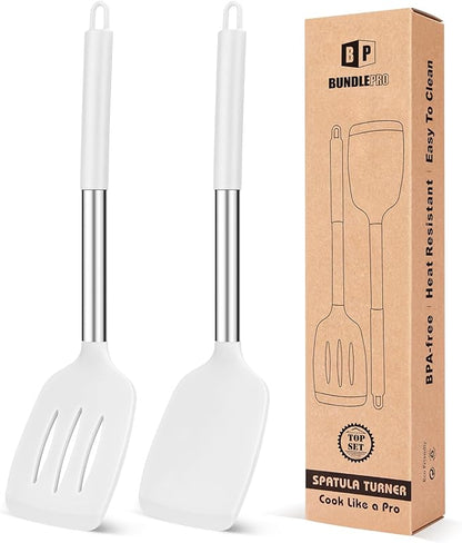 Pack of 2 Silicone Solid Turner, Non Stick Slotted Kitchen Spatulas, High Heat by BUNDLEPRO