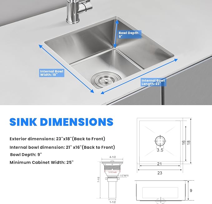 POPFLY 23 Inch Undermount Kitchen Sink, Single Bowl 18 Gauge 304 Stainless Steel Outdoor Sink, 23×18 In Bar Prep Small Undermount Kitchen Sink, Brushed Nickel