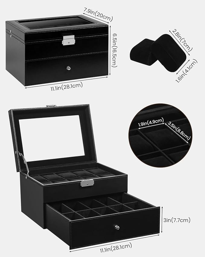 Uten 20-Slot Watch Box, 2-Layers PU Leather Watch Case with Glass Lid, Watch Holder Organizer with Soft Pillow and Velvet Lining, Watch and Jewelry Storage Box, Black