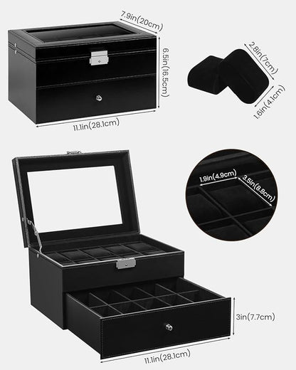 Uten 20-Slot Watch Box, 2-Layers PU Leather Watch Case with Glass Lid, Watch Holder Organizer with Soft Pillow and Velvet Lining, Watch and Jewelry Storage Box, Black