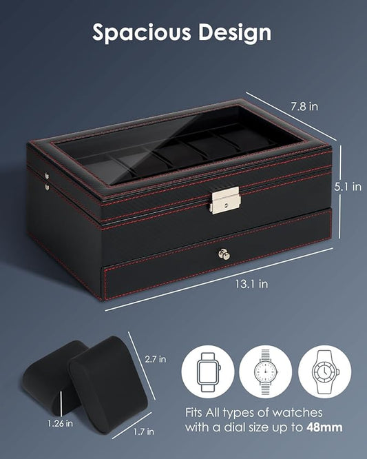 Watch Box Jewelry Organizer, 12-Slot 2-Layer Watch Case Storage with Large Glass Lid, Watch Storage Case for Men with Lock, Watch Holder Display Case, Gift for Men Women