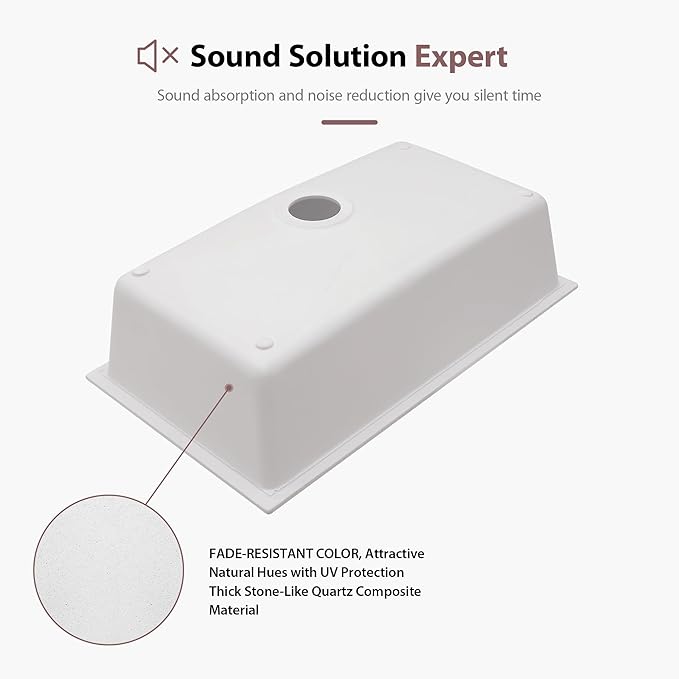 Dcolora 33" Quartz Granite Composite White Kitchen Sink Undermount Sink Deep Single Bowl, Round Corner, 33"x19", DC-GU7750