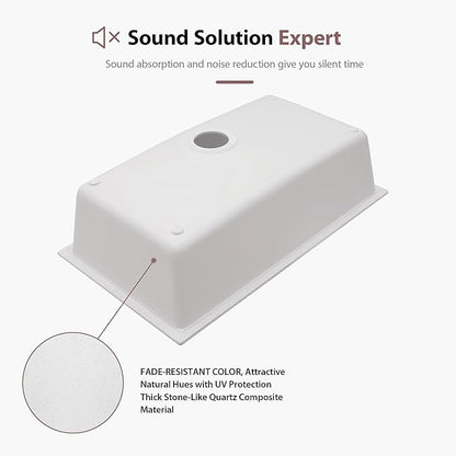 Dcolora 33" Quartz Granite Composite White Kitchen Sink Undermount Sink Deep Single Bowl, Round Corner, 33"x19", DC-GU7750