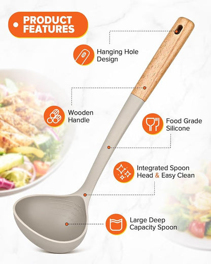 Pasta Fork and Ladle Set, and Sauce Pasta, BPA-Free Matte Silicone, Wood Handle - Image 4
