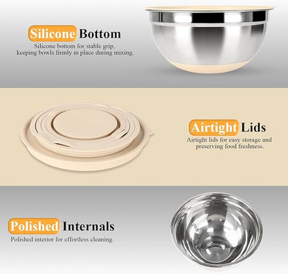 Mixing Bowls with Airtight Lids Set, 6 Stainless Steel Bowls, 3 Grater - Image 5