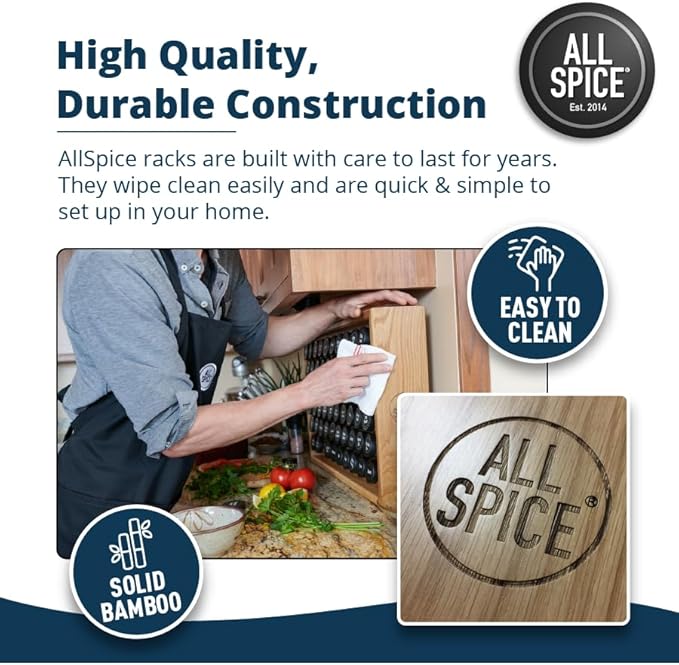 AllSpice Spice Rack Organizer, Wood, 525 Unique Labels, Countertop or Wall Mount, Includes 60 4oz Jars- Matte White
