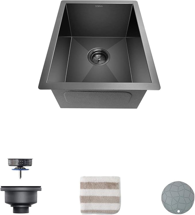 TORVA Bar Sink,TORVA 14 x 18 Inch Undermount Kitchen Sink,Gloss Black PVD Coated Gunmetal Sink,16 Gauge 304 Stainless Steel Single Bowl Wet Bar or Prep Sink with Zero-Radius Corners,Dark Gray