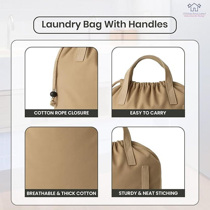LFH Home Cotton Canvas Large Laundry Bag with Handle, Heavy Duty Drawstring Closure Washable Laundry Bags, School Travel, Home, Hotel, College Dorm, Organizer Sack, Toys Clothes 24x36-Beige