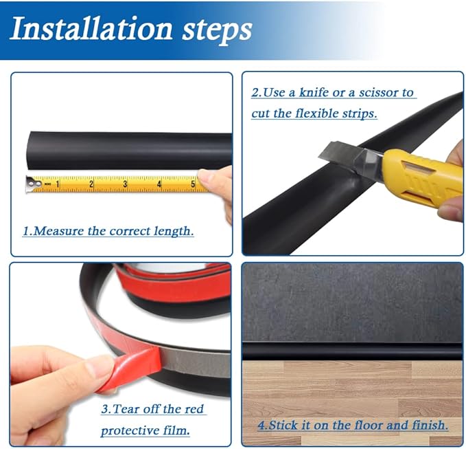 Floor Transition Strip Self Adhesive Carpet & Flooring Transitions Edging Trim Strip PVC Threshold Transitions Suitable for Threshold Height Less Than 3mm (3.3Ft, Black)