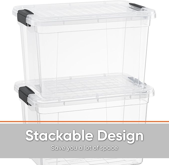 Superio Clear Storage Boxes with Lids, 49 Quart Plastic Container Bins for Organizing, Stackable Crates, BPA Free, Non Toxic, Odor Free, Organizers for Home, Office and Dorm, 4 Pack