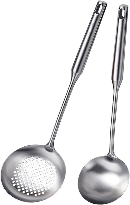 Soup Ladle and Slotted Spoon Set of 2, Metal 316 Stainless Steel Kitchen Ladles by EJOEXQU