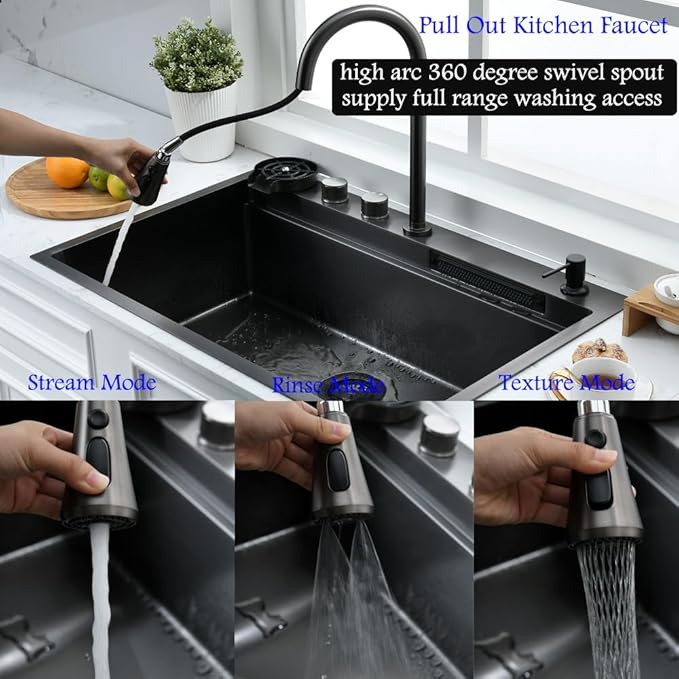 33 Inch Black Waterfall Drop In Kitchen Sink with Fuacet Combo-Bokaiya 33x22 Waterfall Kitchen Sink with Cup Washer Stainess Steel Top Mount 16 Gauge Deep Single Bowl Modern Kitchen Sinks