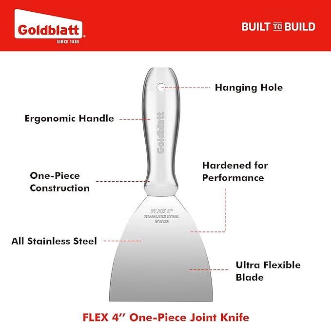 Goldblatt 3-Pack Putty Knife Set(4",5",6"), One-Piece Paint Scraper Tool, All Stainless Steel Joint Knife, Flexible Blade, Seamless Design, Ergonomic Grip - for Drywall Repairing, Finishing, Scraping