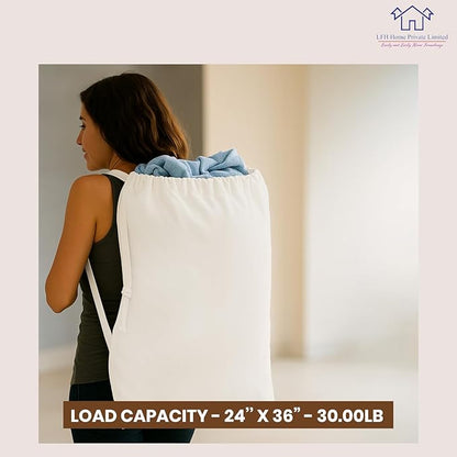 LFH Home Cotton Canvas Extra Large Laundry Bag with Handle, Stylish Drawstring Heavy Duty Laundry Bags For Travel, Home, Hotel, College Dorm and Camp Storage Bag 24x36 Inch, Machine Washable - White