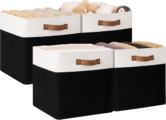 StorageWorks 13x13 Inches Storage Cube, Fabric Storage Bins with PU Handles, Collapsible Organizer Baskets for Closet, Black and White, 4-Pack