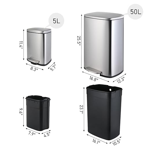 Arlopu 13.2+1.3 Gallon Step Trash Can, Stainless Steel Garbage Bin, Soft-Close Rubbish Bin with Removable Plastic Inner Bucket, Fingerprint-Proof, Lid Dustbin, for Kitchen Home (Silver)