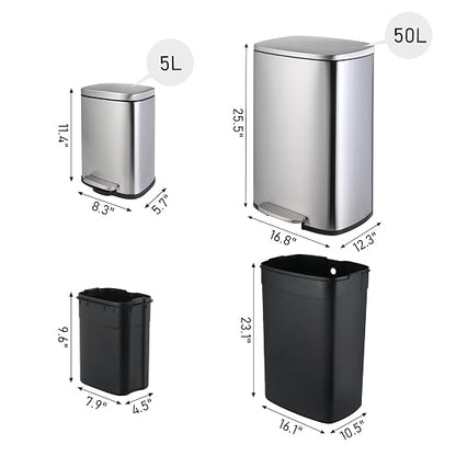 Arlopu 13.2+1.3 Gallon Step Trash Can, Stainless Steel Garbage Bin, Soft-Close - Image 2