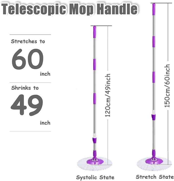 Extended Spin Mop Replacement Mop Handle, Upgraded 60-inch 360 Degrees Rotating Telescopic Replacement Mop Stick for Spin Mop Bucket Cleaning System Floor Cleaning (Plastic Disc, Blue)