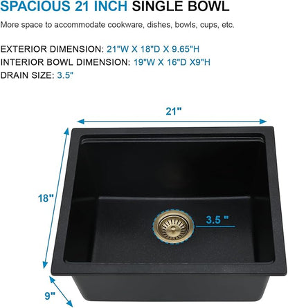 21 Black Granite Composite Bar Sink 18x18 Single Bowl Not Easily Stained Undermount Small Kitchen Sink Small Wet Bar Sinks with Workstation Quartz Natural Stone