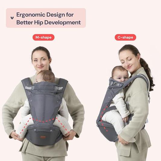 BabbleRoo Grow Carrier – 6-in-1 Baby Carrier with Hip Seat, Ergonomic, Cozy & Adjustable Toddler Carrier 7-50 lbs with Hip & Lumbar Support, Hood for Sun Protection, Newborn to Toddler, Gray