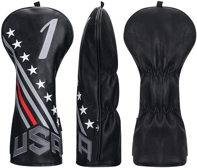 Big Teeth Golf Cover USA Stripe and Star Headcover Covers, Driver Fairway Wood Hybrid Headcovers Fits Blade Mallet Putter Iron and Woods with Magnetic Club Protector Pu Leather Golf Accessories