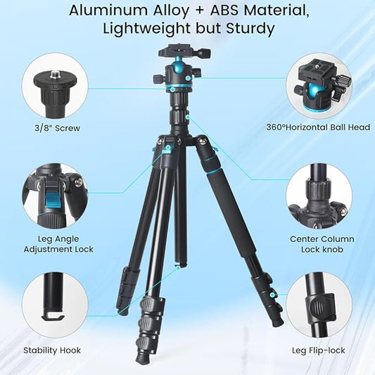 Camera Tripod, 68" / 174cm Lightweight Travel Monopod with 360°Ball Head Payload 15 lbs, Adjustable Height from 17" to 68" Professional Stand for DSLR Camera Shooting