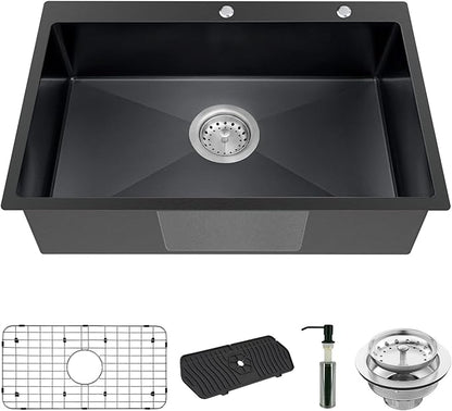 Black Kitchen Sink, Stainless Steel Drop In 33x22x9 Inch Single Bowl Topmount Kitchen Sink Combo-Stainless Grid,Soap Dispenser,Faucet Mat,Drain Strainer Set for Modern Style Kitchen&Bar