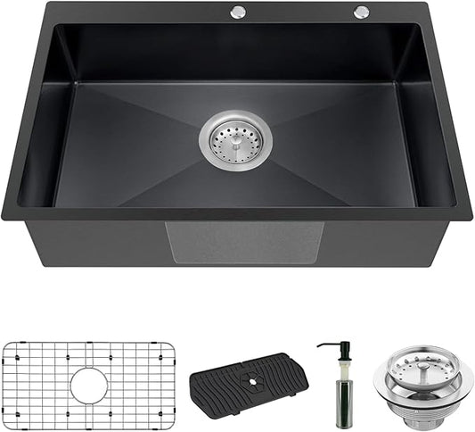 Black Kitchen Sink, Stainless Steel Drop In 33x22x9 Inch Single Bowl Topmount Kitchen Sink Combo-Stainless Grid,Soap Dispenser,Faucet Mat,Drain Strainer Set for Modern Style Kitchen&Bar