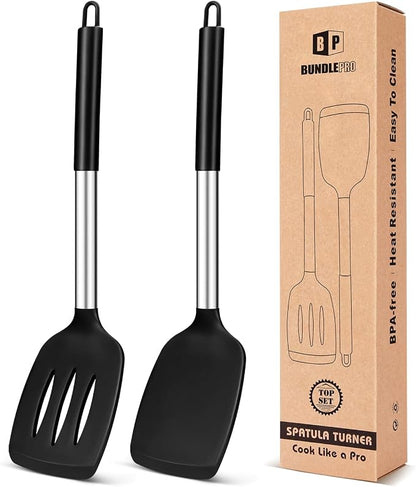 Pack of 2 Silicone Solid Turner, Non Stick Slotted Kitchen Spatulas, High Heat by BUNDLEPRO
