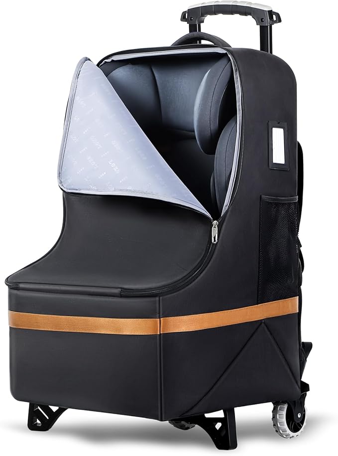 Padded Car Seat Travel Bag for Airplane with Wheels, Heavy Duty Carseat Bags for Air Travel, Rolling Gate Check Backpack and Dolly Carrier, Storage for Baby Essentials, Black