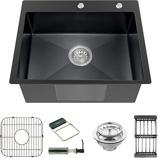Black Kitchen Sink, Stainless Steel Topmount Bar Sink 22x18x9 Inch Single Bowl Drop In Kitchen Sink Combo-Sink Grid,Soap Dispenser,Drain Basket,Strainer Mesh,Drain Strainer Set for Modern Kitchen Sink