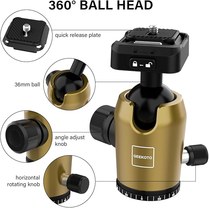 Geekoto 73-Inch Camera Tripod - Lightweight DSLR Tripod with 360° Ball Head & Quick Release Plate, Supports Up to 33.07 lbs, Portable for Travel & Outdoor Photography