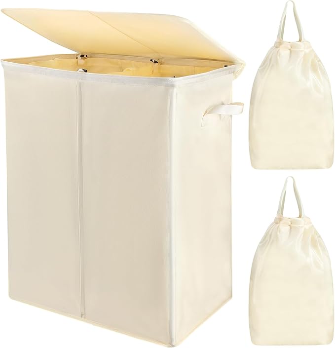 Voova 154L Double Laundry Hamper with Lid and 2 Removable Laundry Bags, Large Collapsible 2 Dividers Dirty Clothes Basket with Handles for Laundry Room, Bedroom, Bathroom, College Dorm, Beige