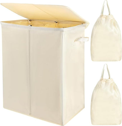Voova 154L Double Laundry Hamper with Lid and 2 Removable Laundry Bags, Large Collapsible 2 Dividers Dirty Clothes Basket with Handles for Laundry Room, Bedroom, Bathroom, College Dorm, Beige
