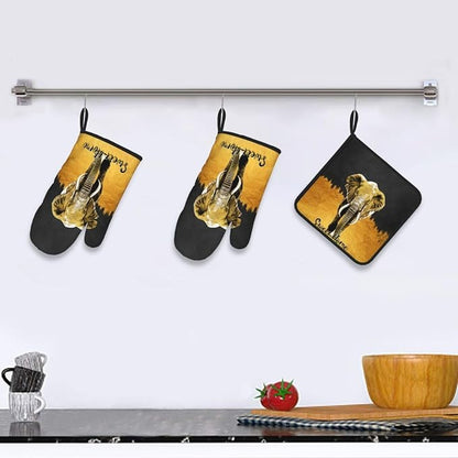 Elephant Oven Mitts and Pot Holders Sets of 3 Black Gold Hot Pads Oven Gloves - Image 6