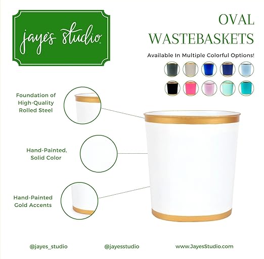 Jaye’s Studio Mattie Oval Wastebasket – Handpainted Pink Trash Can For Bathroom Office, Vanity, or Bedroom Trash Bin, Metal Trash Can Gold Trim, Pink Waste Basket & Garbage Can for Gold Bathroom Decor